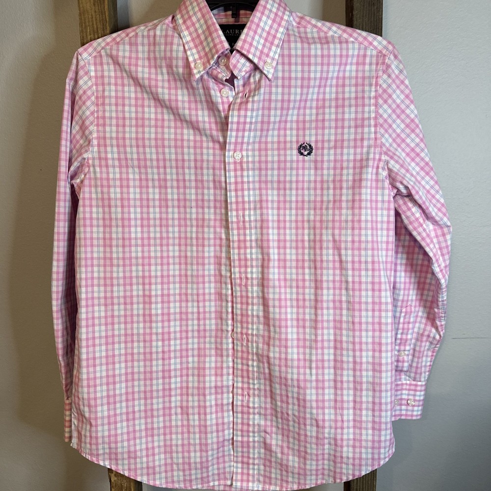 Ralph Lauren Boys Pink Plaid Button Up Long Sleeve Shirt Size 14