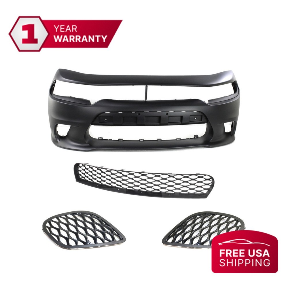 Front Bumper + Grille + Fog Light Covers For 2015-2022 Dodge Charger