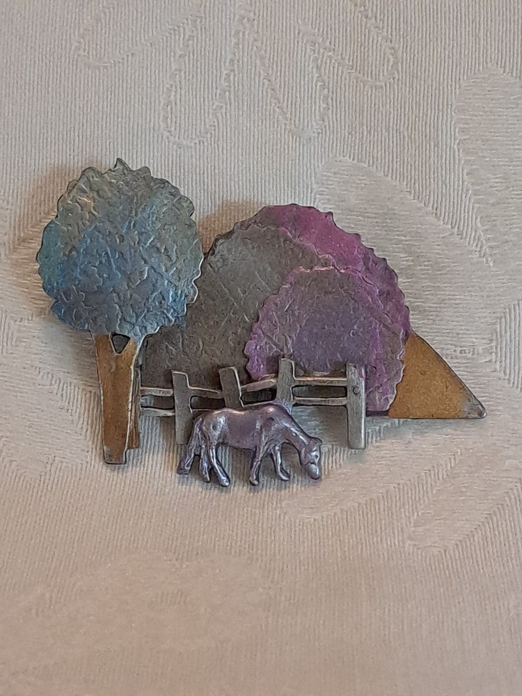 Vintage Horse Mountains Scenic Brooch Pin Signed Mystique Landscape Trees