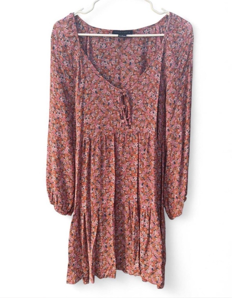 Sanctuary Pink Floral Tiered Mini Dress Long Sleeve Boho Dress Size M