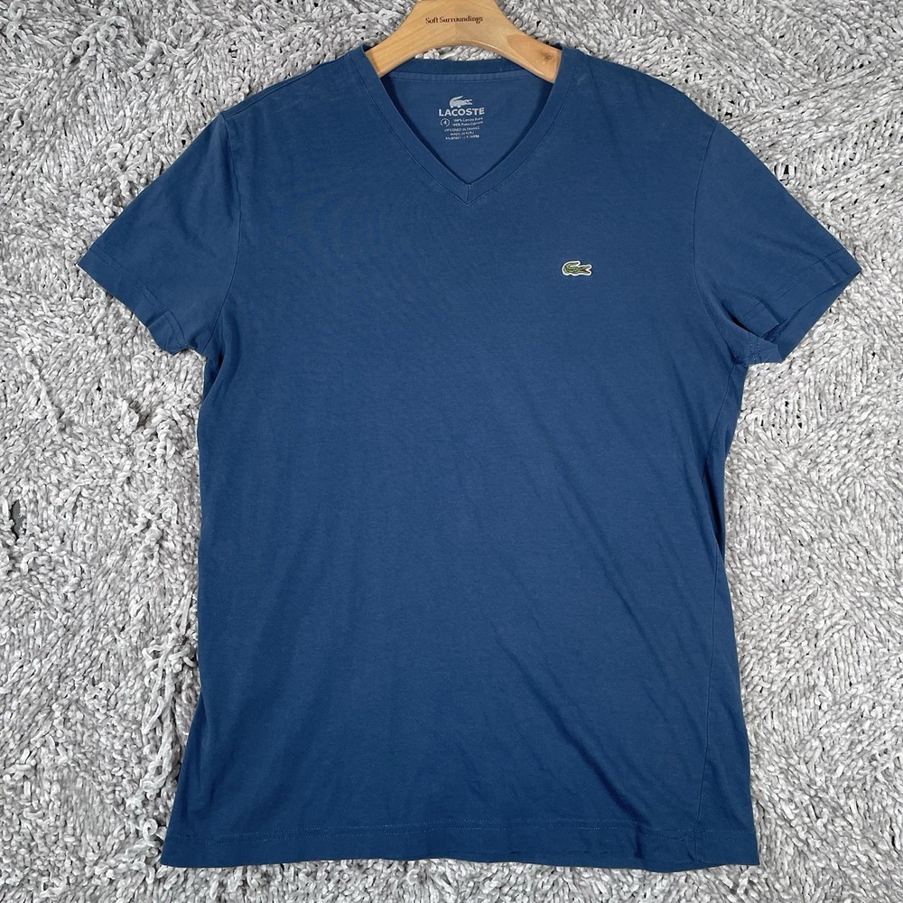 Lacoste V-Neck T-Shirt Men's Size 4 (Medium) Blue Short Sleeve Designer Pima