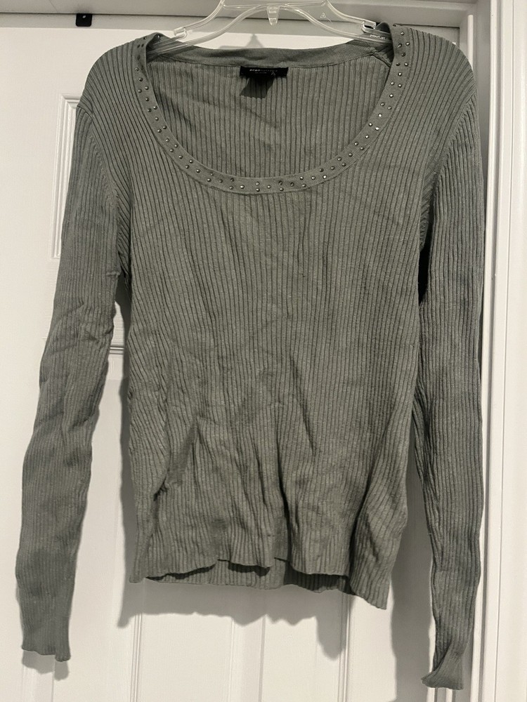 BCBG Maxazria Ribbed Sparkly Green Long Sleeve Tee Fitted Top Shirt Large Y2K