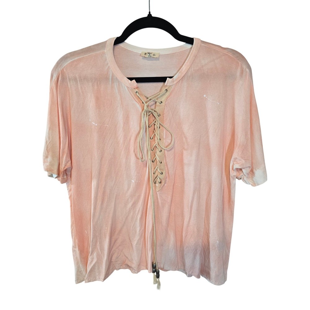 POL Womens Peach Tie Dye Lace Up Short Sleeve Top JFT654 Size Large