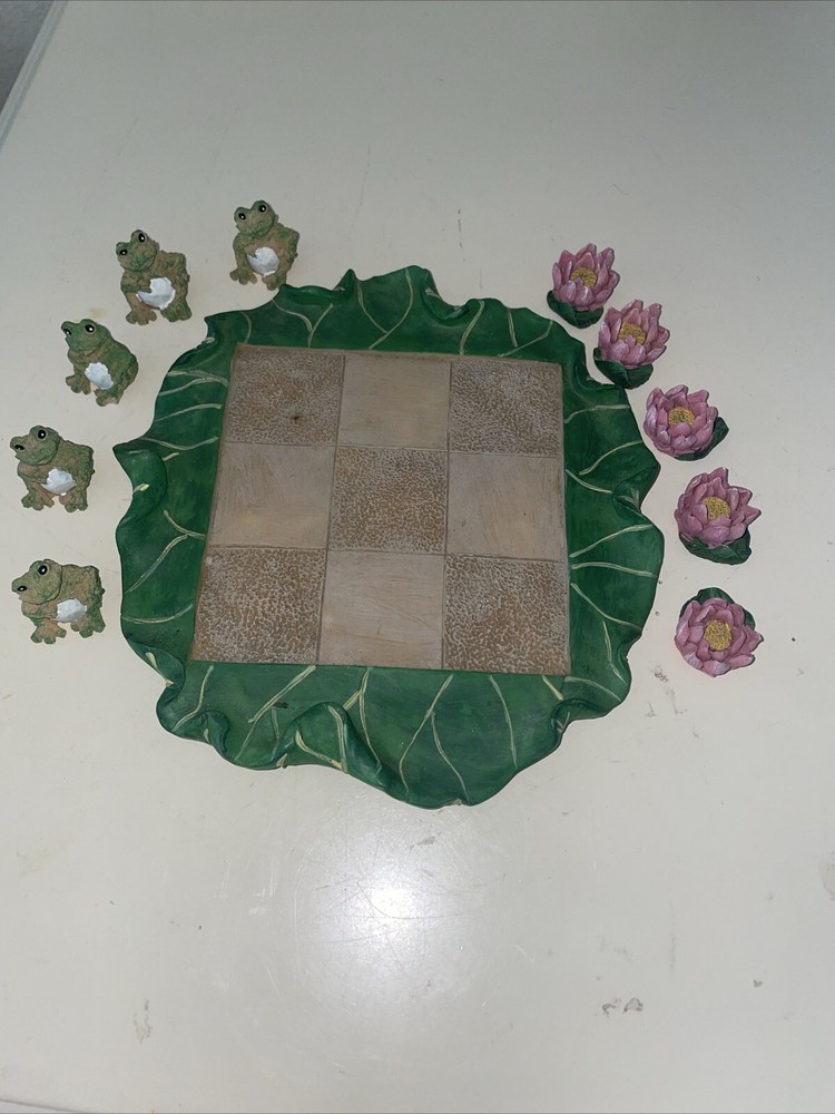 Vintage Folk Art Stoneware Tic Tac Toe Game with Handcrafted Frogs & Flowers - 11 Pieces  