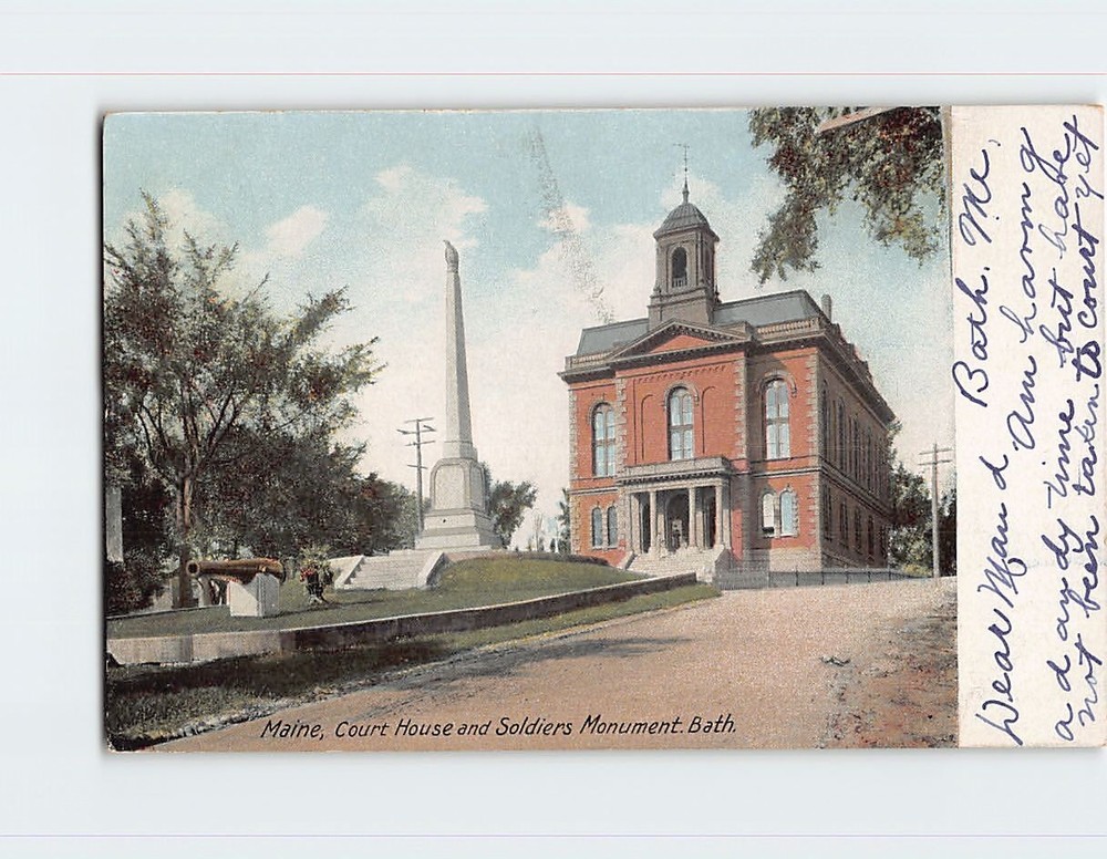 Postcard Court House And Soldiers Monument Bath  Maine