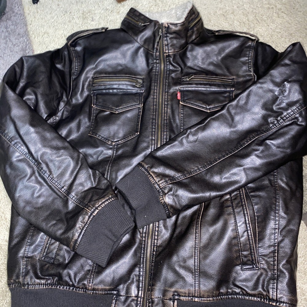 Levi Strauss Mens Brown Faux Leather Sherpa Lined Aviator Bomber Jacket Sz XL
