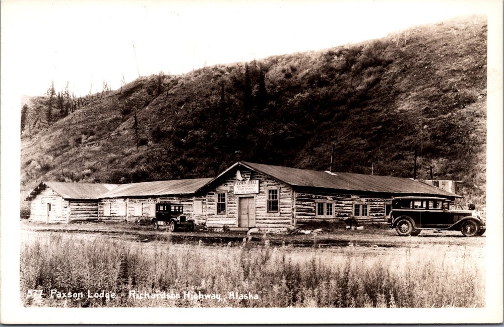 Vintage RPPC Paxson Lodge Richardson Highway Alaska 1920s 1930s Cars Log Cabin