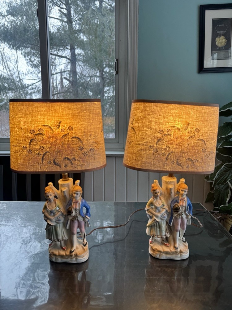 Pair Of vintage porcelain figural table lamps Victorian style courting couple