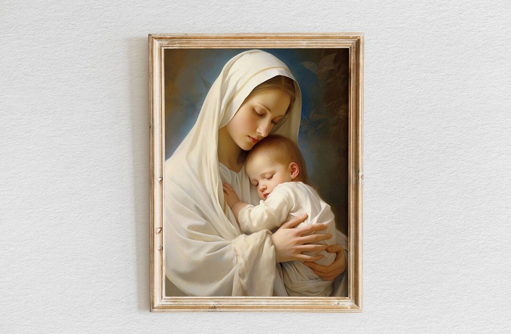 Virgin Mary and Baby Jesus Religious Oil Painting Bible Verse Wall Art Decor  