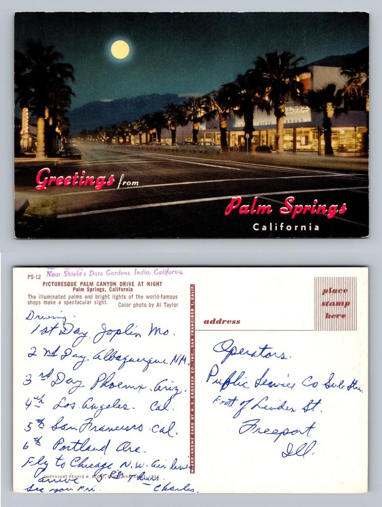 Palm Springs, CA-California, Palm Canyon Drive at Night Vintage Postcard