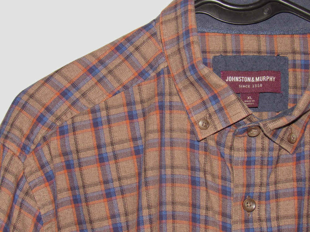 JOHNSTON & MURPHY Men's XL Button Up Shirt Brown Blue Rust Plaid Long Slv Cotton
