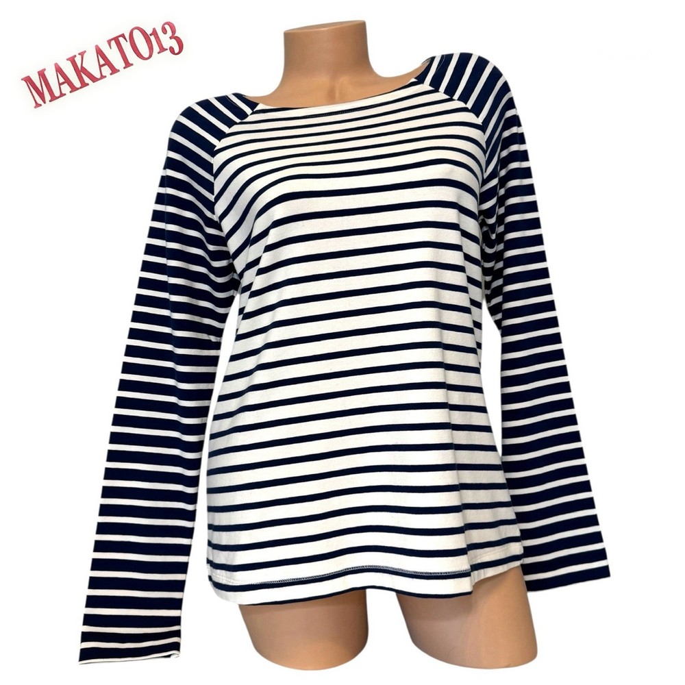Vineyard Vines Women's SMALL Tshirt Blue White Striped Boat Neck Top Long Sleeve