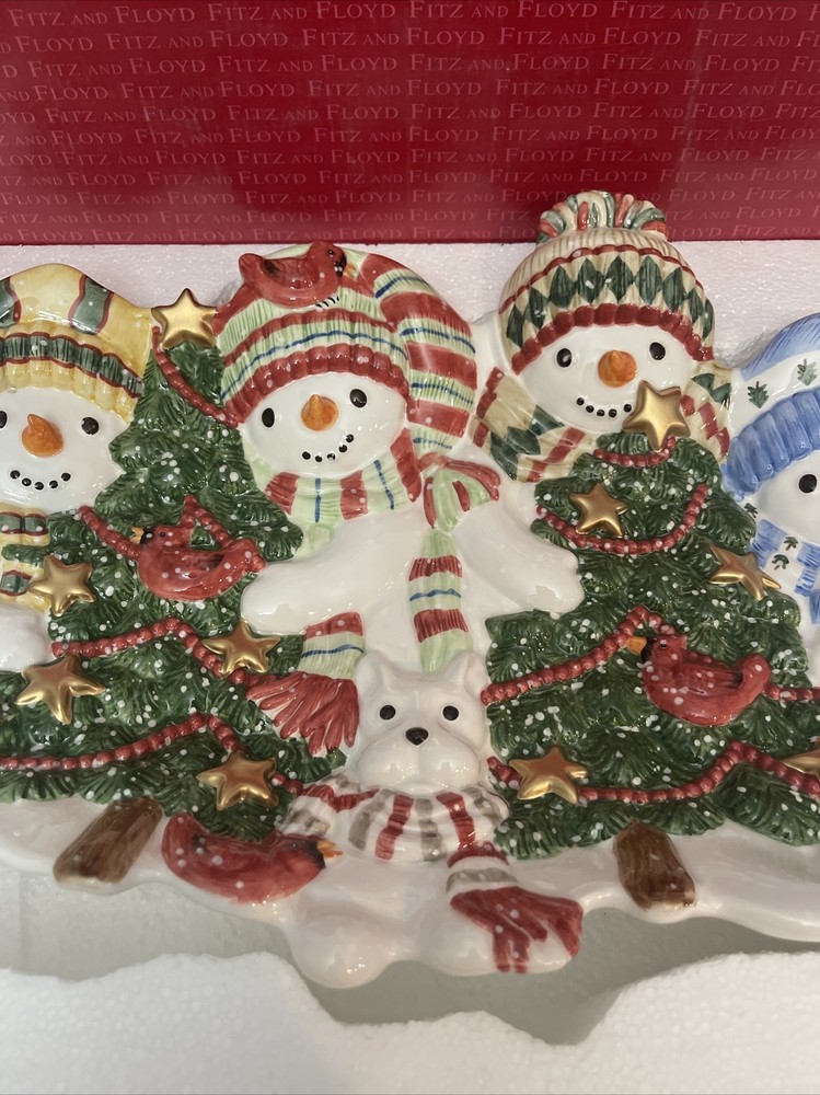 Fitz & Floyd Snowmen Christmas Platter Essentials THE FLURRIES Cardinals Dog