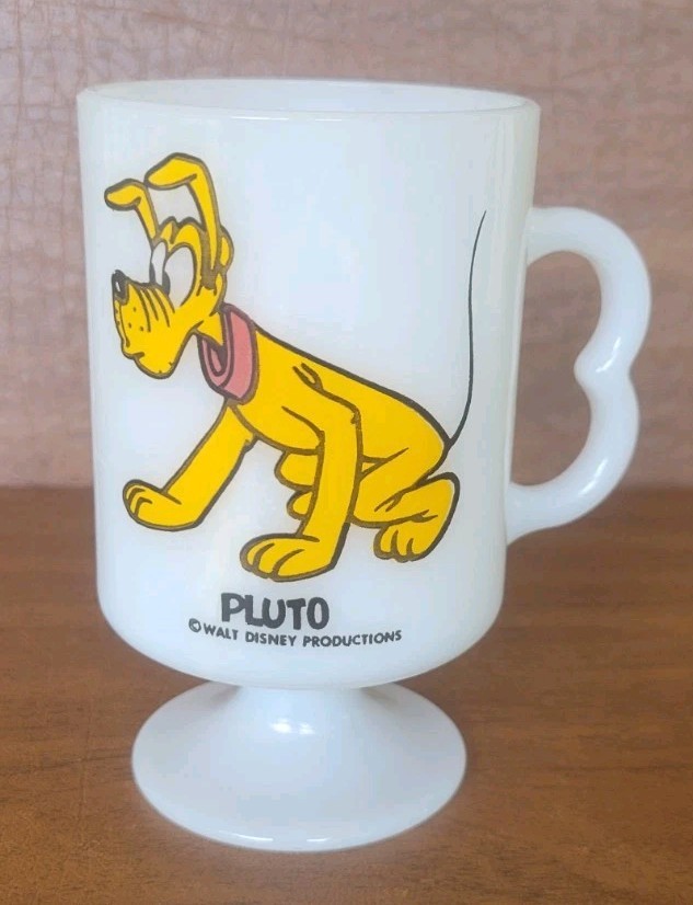 Vintage Disney Pluto Coffee Cup Footed White Milk Glass