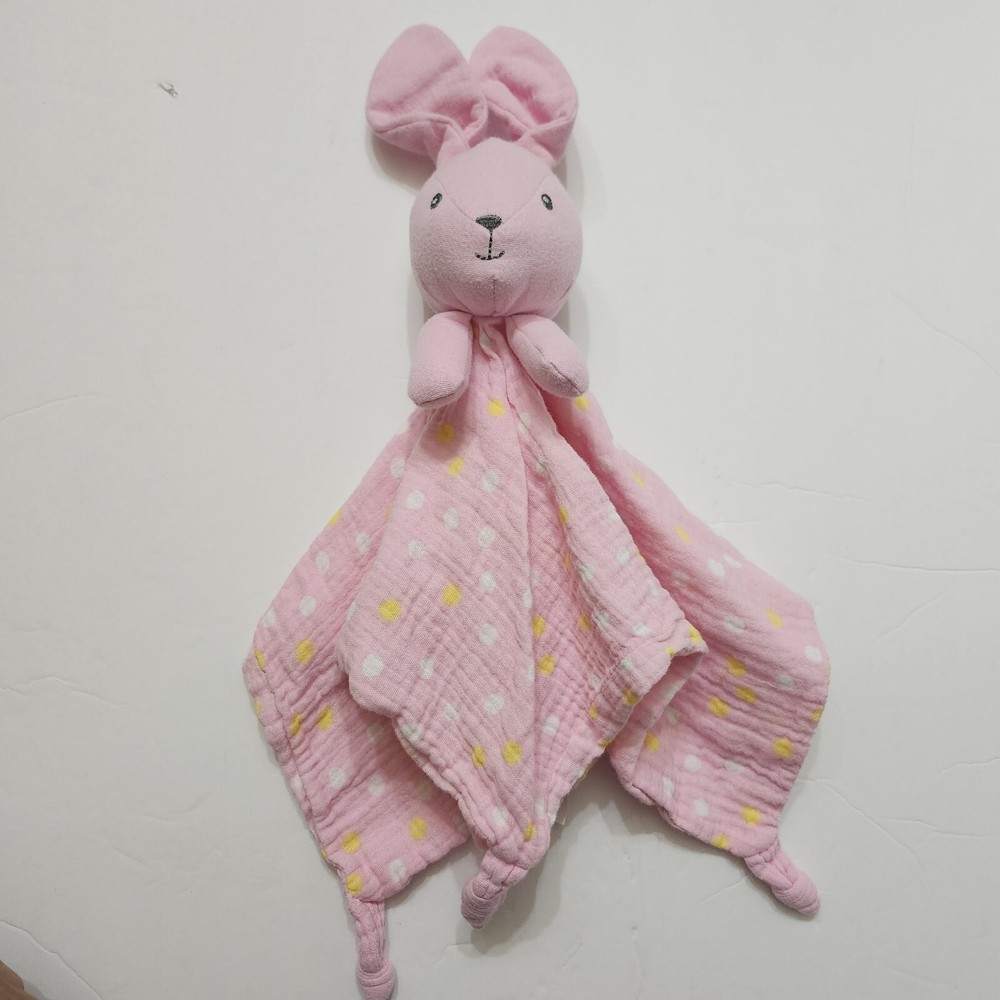 Parents Choice Pink Bunny Rabbit Polka Dot Muslin Security Blanket Lovey Rattle