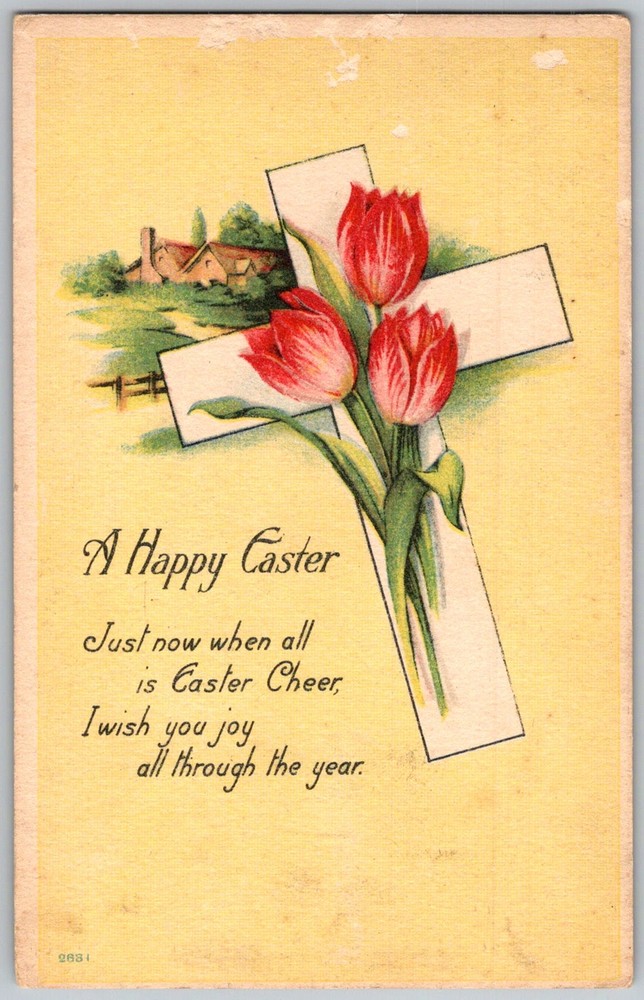 Antique Postcard Easter Cross Tulips Owego, NY 1910s