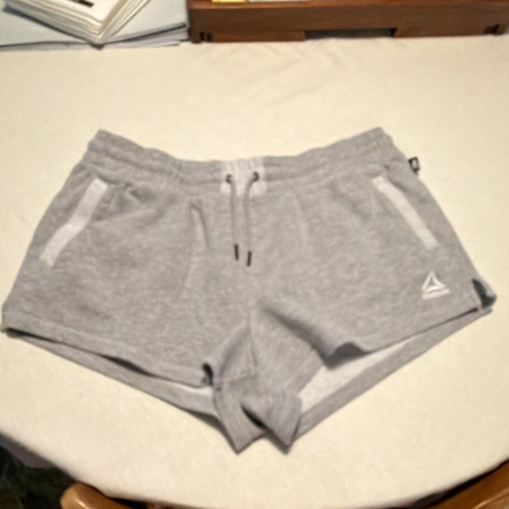 Reebok Women’s Gray French Terry Athletic Shorts Drawstring Pockets Cotton