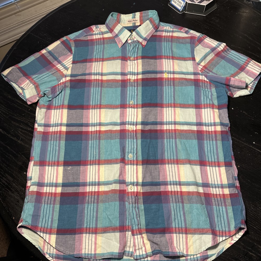 Polo Ralph Lauren Shirt Mens Large Blue Indian Madras Plaid Button Down Casual