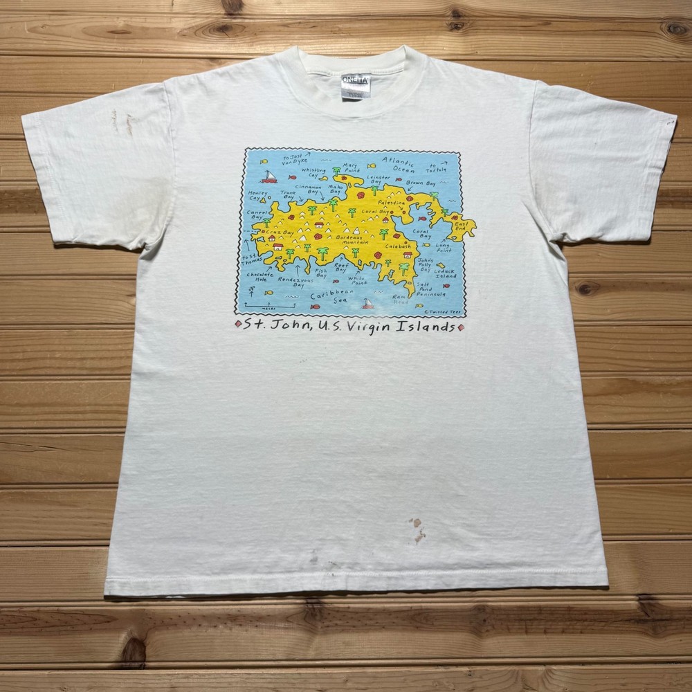 Vintage 90s St. John U.S. Virgin Islands Nautical Map Graphic T-Shirt USA Large