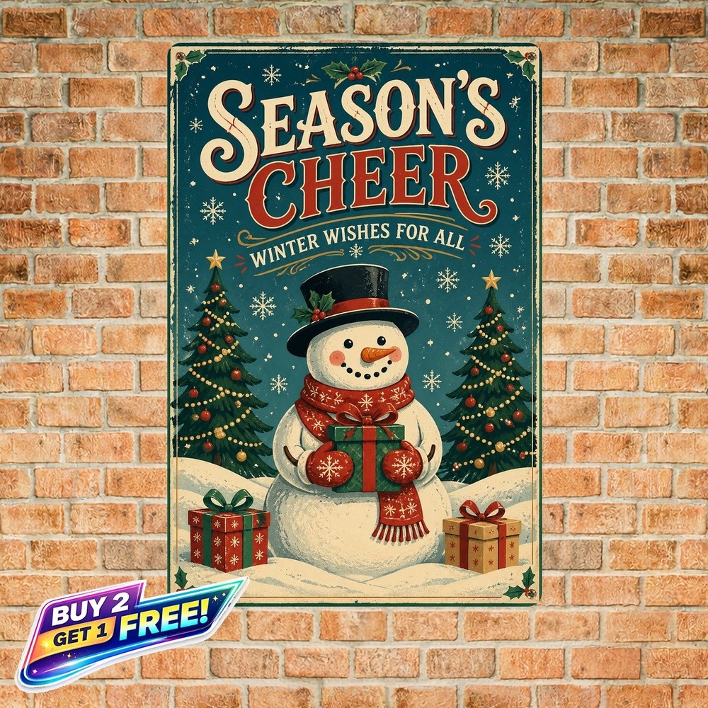 Holiday Snowman Tin Metal Sign Vintage Christmas Home Wall Decor