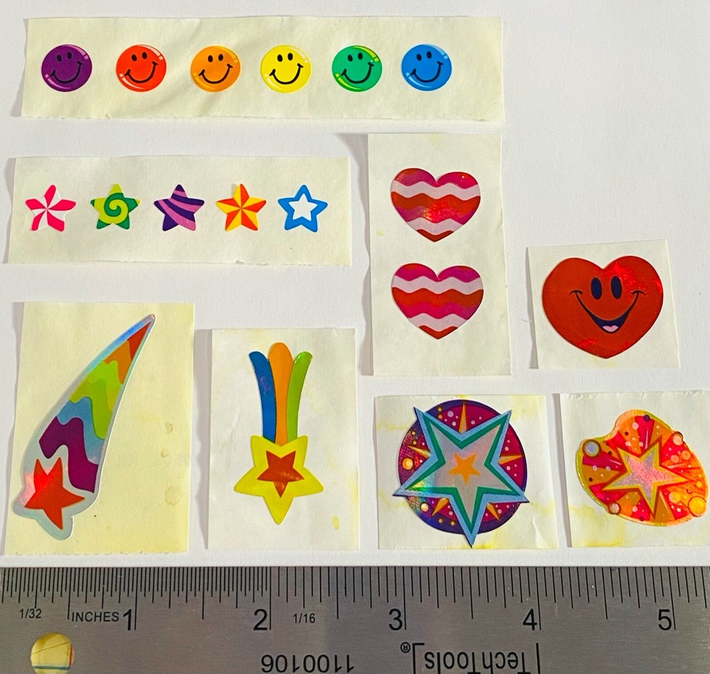 Vintage 90s Stickers Crazy Stars Smiley Face Hearts Partial Single Heart Rainbow