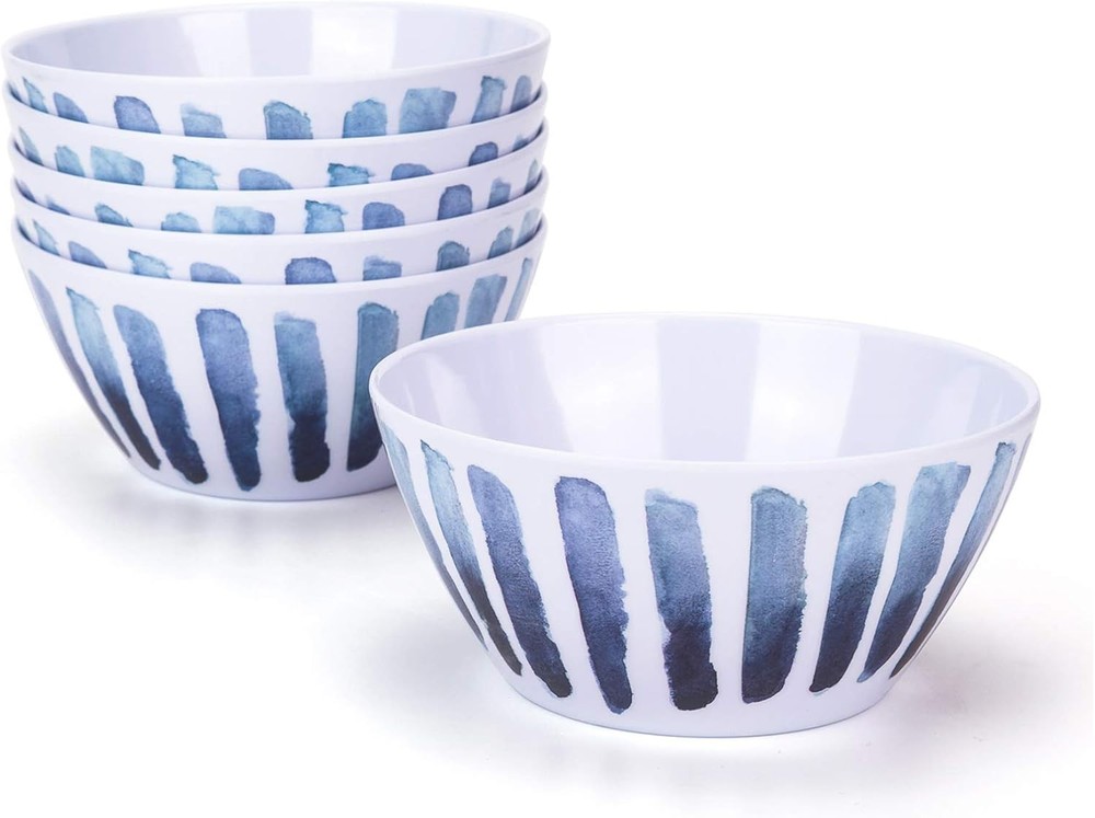 Blue Stripe Melamine Bowls Set of 6 6-inch 100% Melamine Cereal Soup Salad