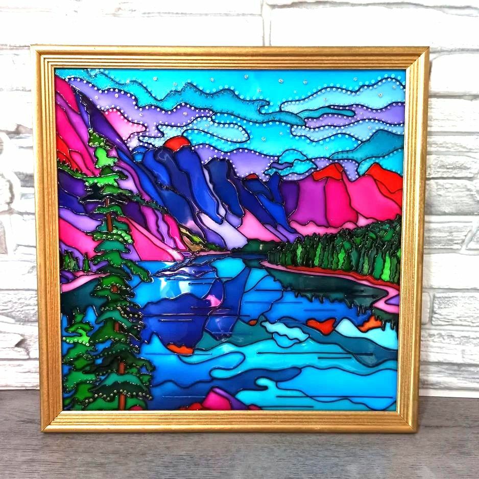 Original landscape painting forest lake Abstract stained glass painting art-image