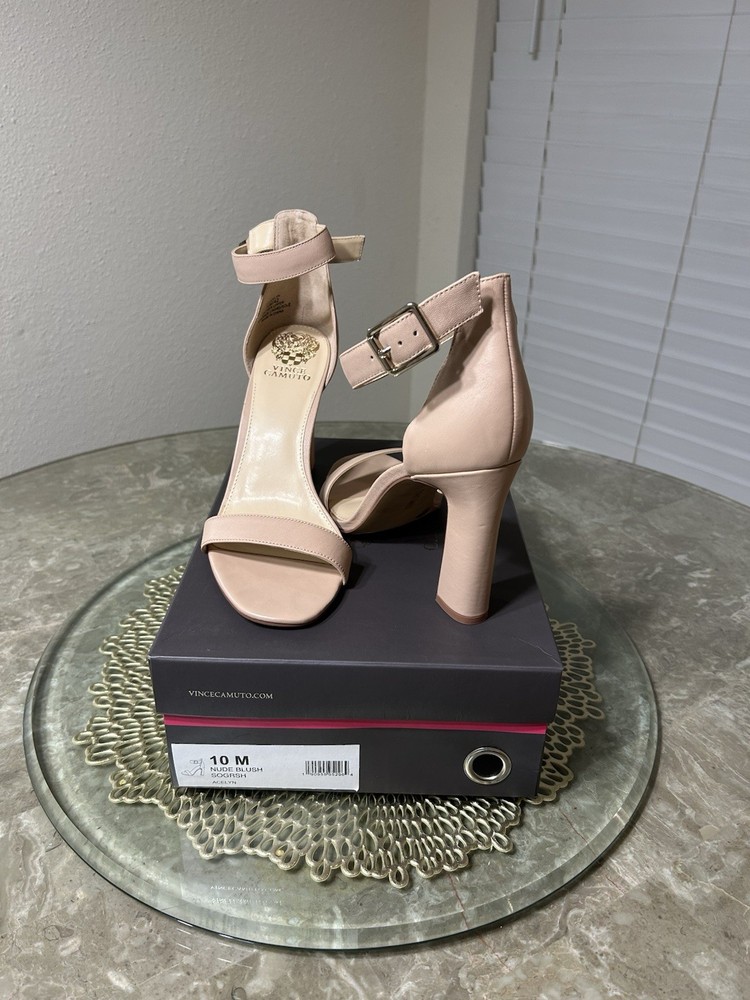 Vince Camuto Acelyn Nude Blush Leather Ankle Strap Block Heel Sandals