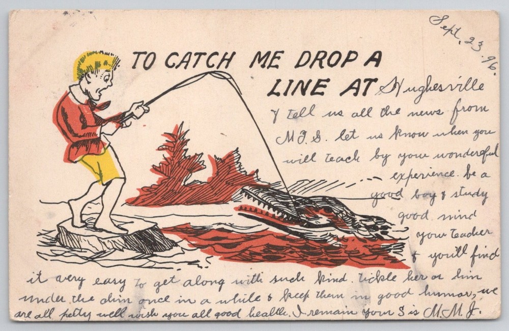 1906 Hughesville PA Cartoon Postcard Boy Fishing Alligator Humorous Posted
