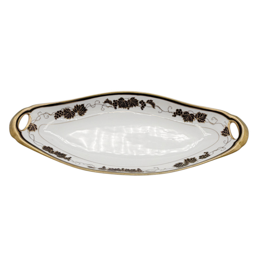 Antique Hand Painted Nippon Celery Dish Black Gold Grapes Porcelain c1900