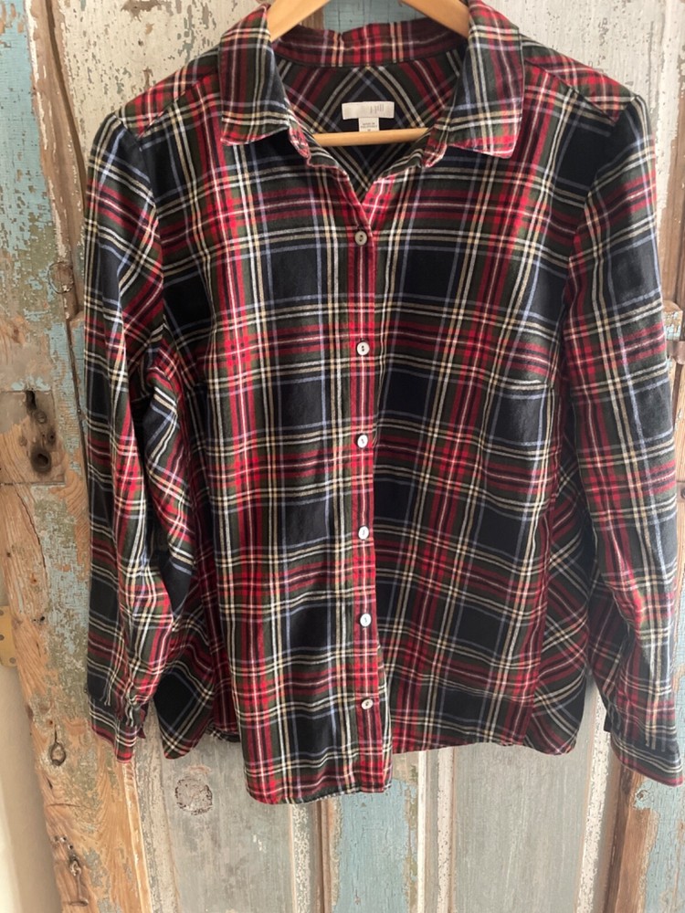 J. Jill Womens Medium Red Navy Plaid Button Down Tie Front Long Sleeve Shirt