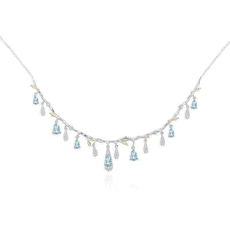 Natural Sky Blue Topaz Necklace 925 Sterling Silver Handmade Flower Bud Design