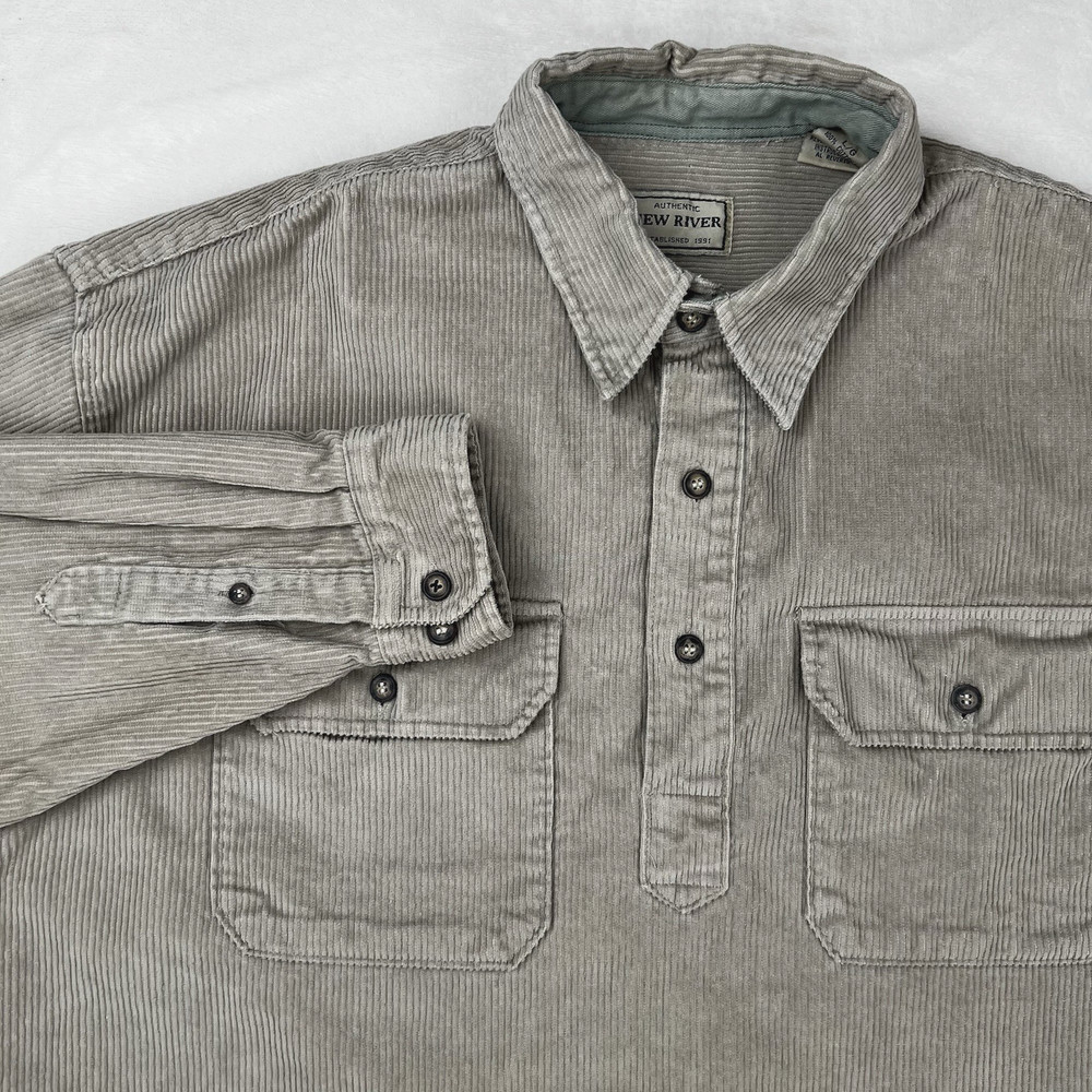 NEW RIVER Corduroy Rugby Shirt Men's Large Henley Long Sleeve Tan Cotton Heavy
