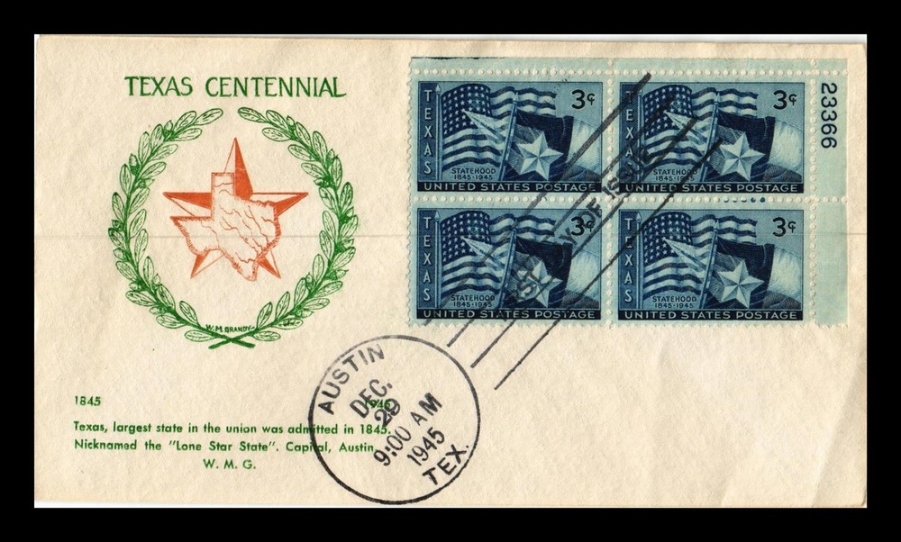 Dr Jim Stamps Us Cover Texas Centennial Fdc Scott 938 Plate Block Grandy Cachet