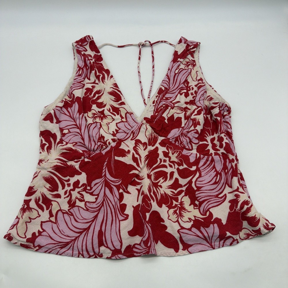 Abercrombie & Fitch Blouse Women XL Floral V-Neck 55% Linen V-Neck Zip.#43935