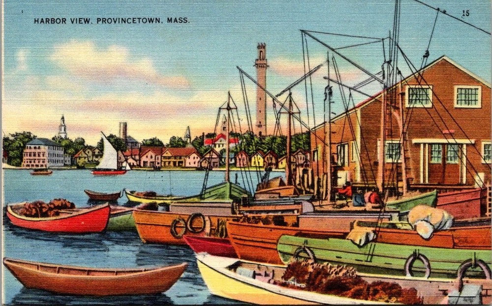 Vintage Provincetown MA Harbor View Postcard Pilgrim Monument Fishing Boats