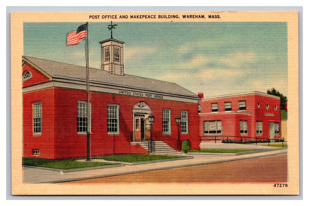 Wareham, MA Massachusetts, Post Office & Makepeace Building, Linen Postcard