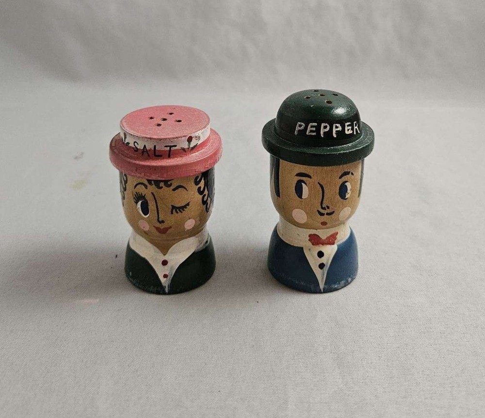 Vintage Salt and Pepper Shakers Wooden Heads Hand Painted Japan