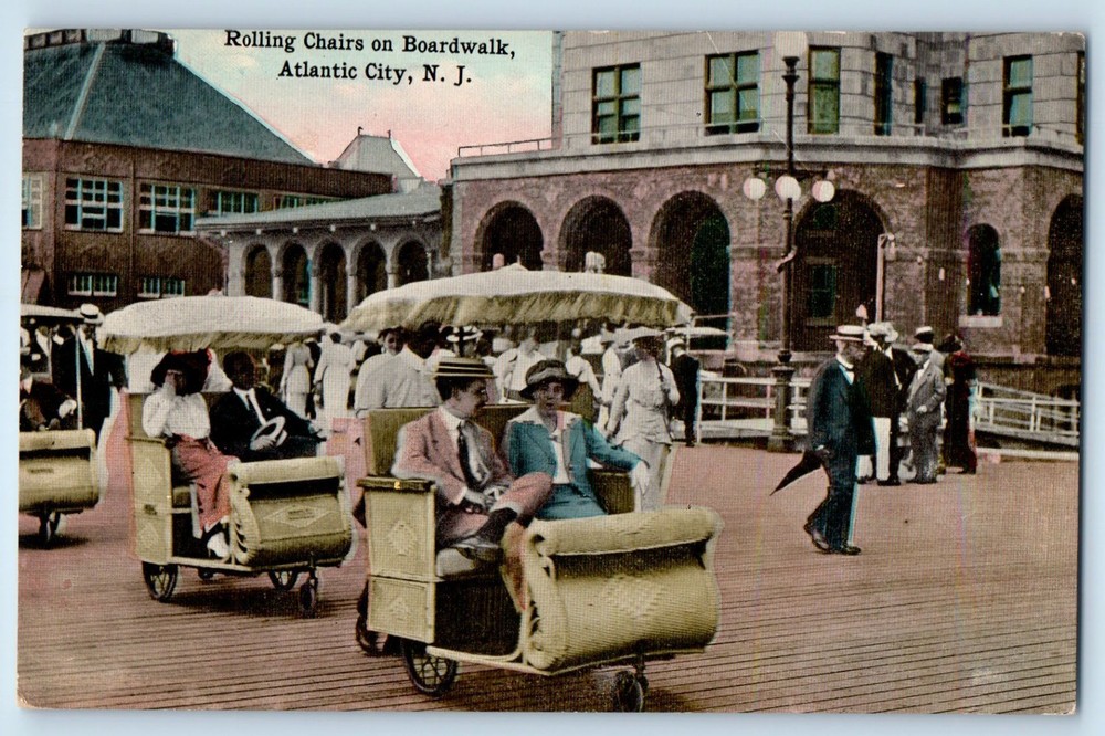 1910 Atlantic City New Jersey Postcard Rolling Chairs Boardwalk Buildings Street