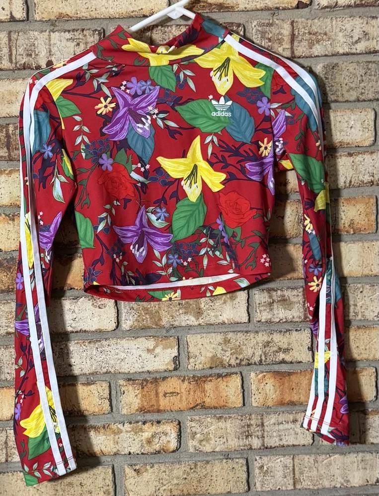 adidas Originals Women's Red Floral Cropped Mock Neck Long Sleeve Top XS