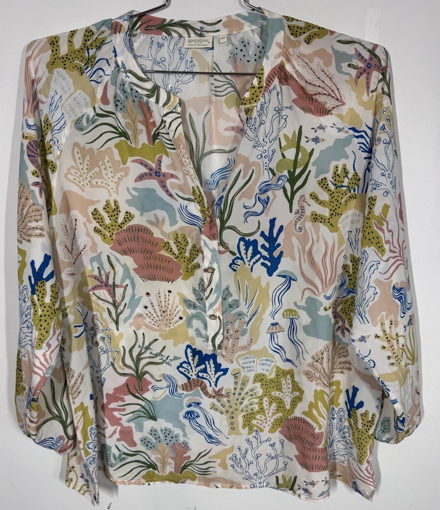 Spartina 449 Cora 100% Silk Blouse Top Tropical Coral Starfish Sand Dollar XXL