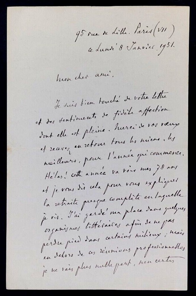 André FOULON DE VAULX, Poet - SIGNED AUTOGRAPH LETTER, Paris, 1951