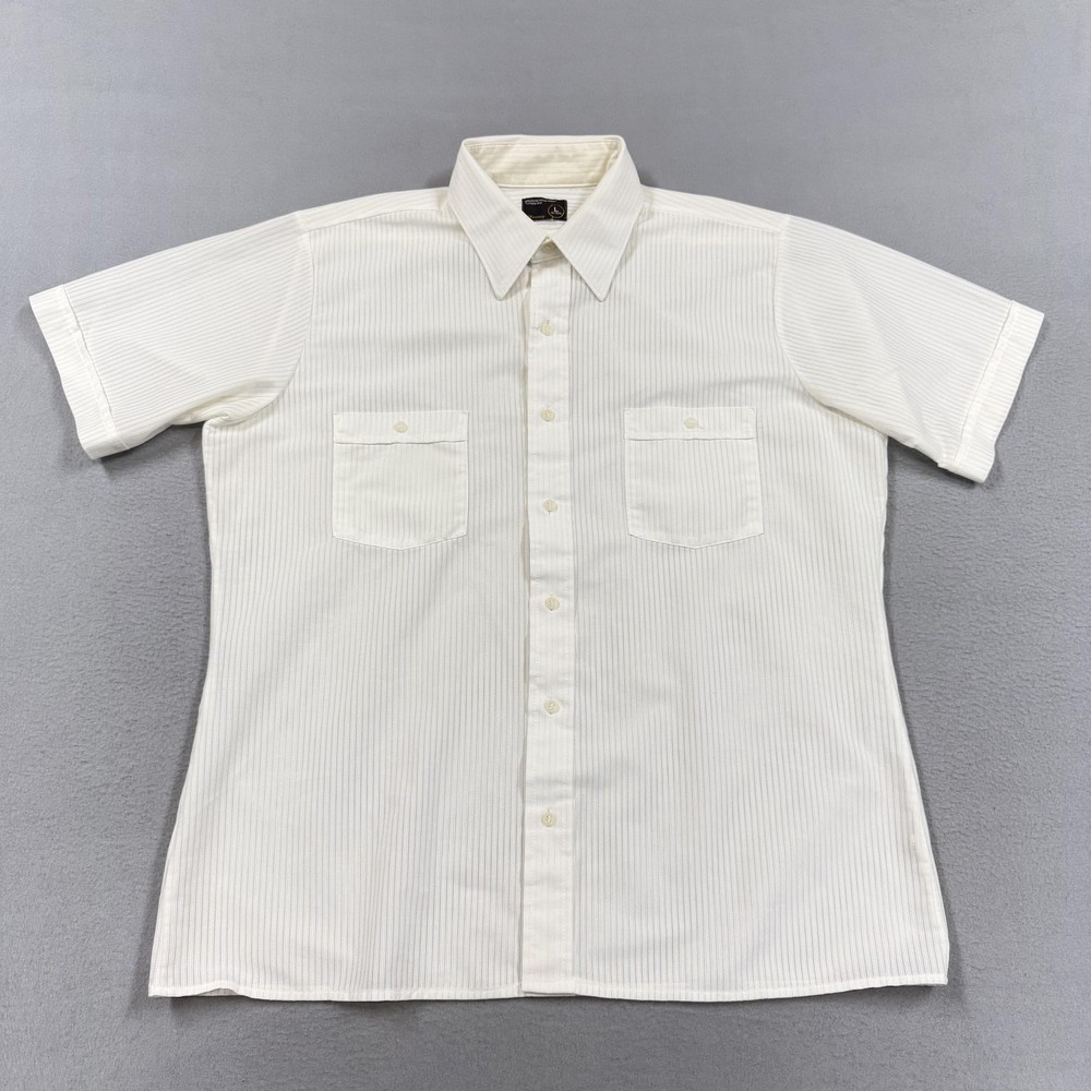 JCPenney Shirt Mens Large White Stripe Short Sleeve Button 70s disco hippie