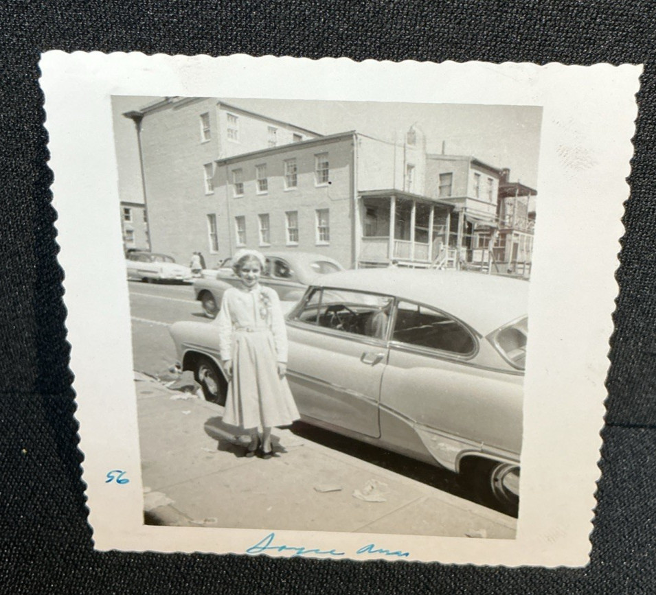 Vintage Snapshot Photo Young Girl in Dress Next to 1950s 1953 Buick Car Auto