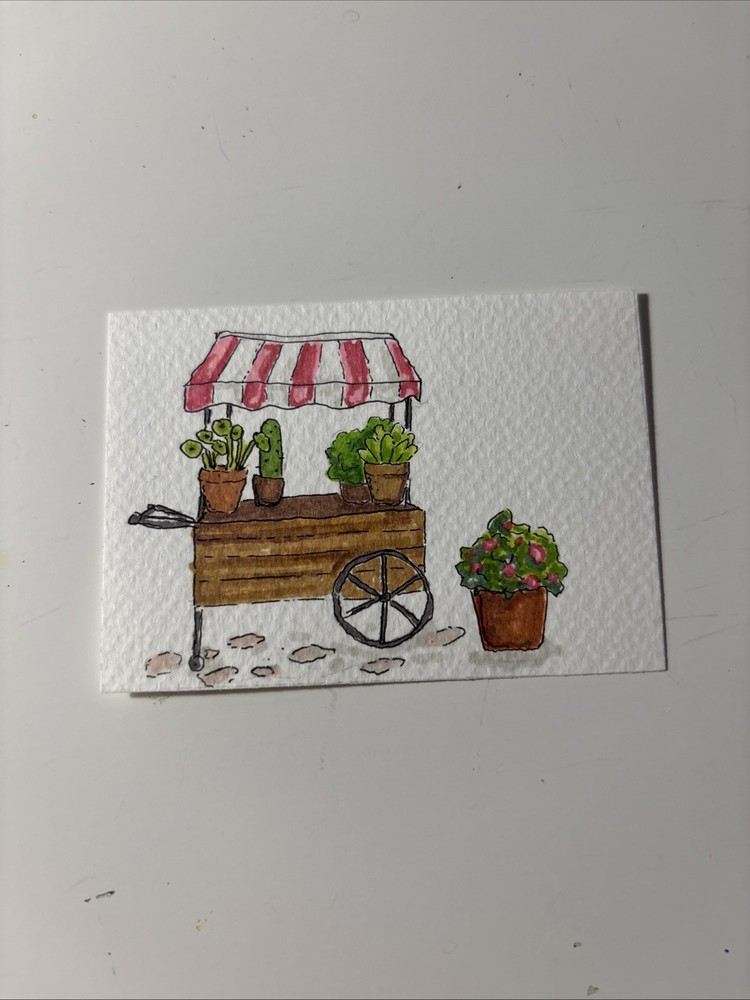 ACEO Original Drawing Of Flower Stand On Paper By Janie 2.5x3.5