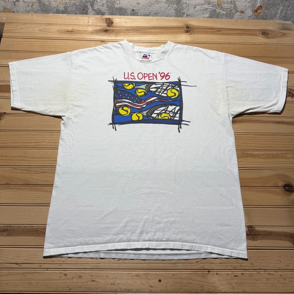 Vintage 1996 US Open Tennis Sports American Flag Graphic T-Shirt USA Made - XXL