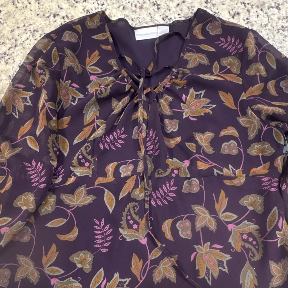 Worthington Floral Chiffon Tie Neck Sheer Blouse Purple Long Sleeve Women's