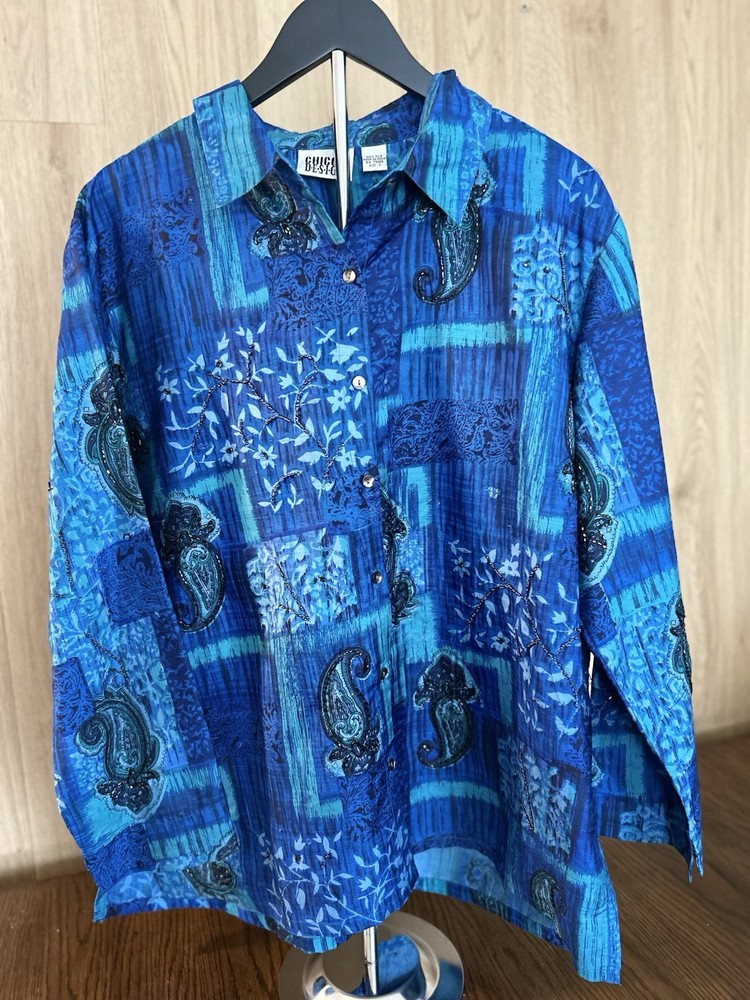Chicos Design Blue Silk Paisley Beaded Button Up Shirt Womens Size 3 XL Large