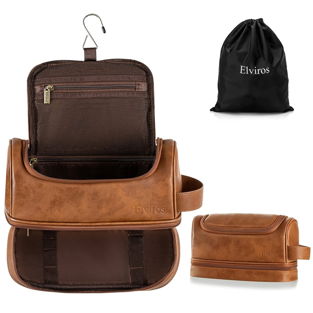 Toiletry Bag Mens Leather Travel Organizer Kit With Hanging Hook Large Waterresi