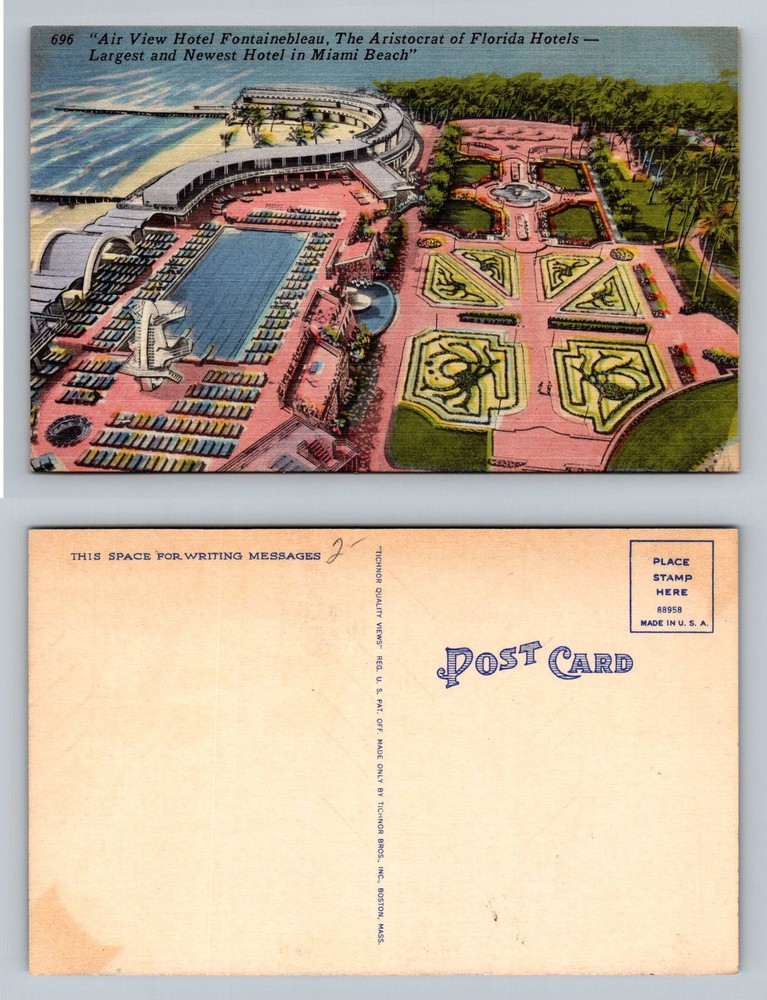 Miami Beach, FL-Florida, Aerial Fontainebleau Hotel & Gardens Vintage Postcard